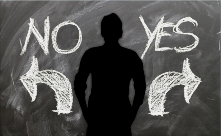 a sillhoutte of a person against a chalkboard with the word NO and an arrow to the left and the word YES and an arrow to the right.
